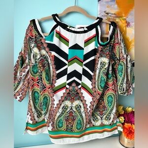 New York cut out shoulder paisley geometric design blouse, size M